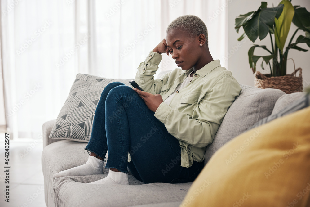 Poster Relax, sofa and a black woman with a phone for social media, communication or reading a chat. House, contact and an African girl with a mobile for an app, notification or with an online search