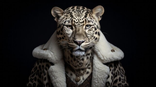 Close up funny and weird portrait of a leopard wearing a coat with animal print pattern of leopard spots. Black background with copy space