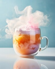 A cup of steaming coffee on a gradient orange-purple background. Creative minimalistic composition.