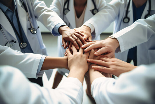 Medical Professionals Forming Ring of Hands: Unity in Healthcare