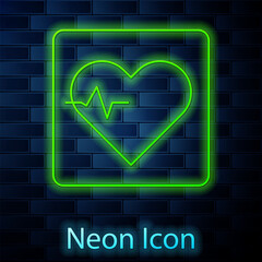 Glowing neon line Heart rate icon isolated on brick wall background. Heartbeat sign. Heart pulse icon. Cardiogram icon. Vector