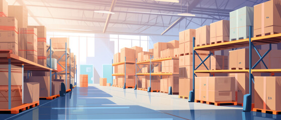 Large Warehouse with Rows of Shelves and Boxes - Logistics and Inventory Control
