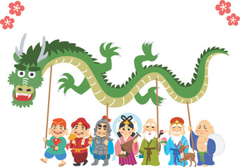 年賀状素材イラスト　辰年　七福神　梅