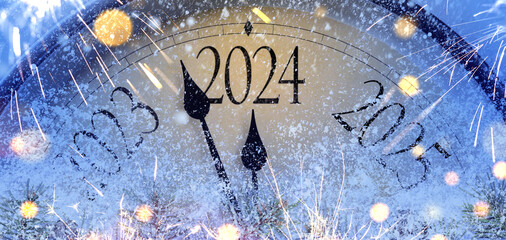 Countdown to midnight. Retro style clock counting last moments before Christmas or New Year 2024