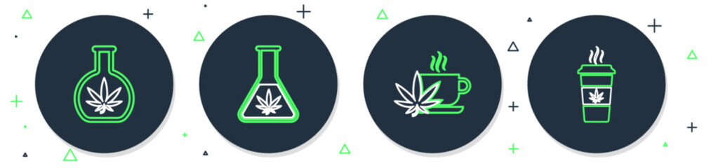 Set line Test tube with marijuana, Cup tea, and coffee icon. Vector