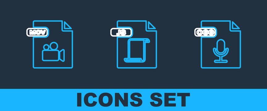 Set line OGG file document, MOV and JS icon. Vector