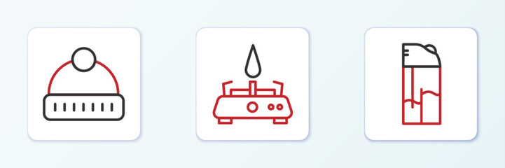 Set line Lighter, Winter hat and Camping gas stove icon. Vector