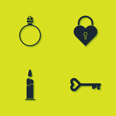 Set Diamond engagement ring, Key heart shape, Burning candle and Castle the of icon. Vector