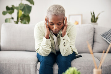 Anxiety, headache and pain with a black woman on a sofa in the living room of her home for mental health. Stress, burnout or vertigo and a young person in an apartment with depression or a migraine - obrazy, fototapety, plakaty