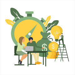 the manager is coaching employees to complete the project on time, time management, time limited, turn up the idea light, pile of money, stopwatch. Design vector