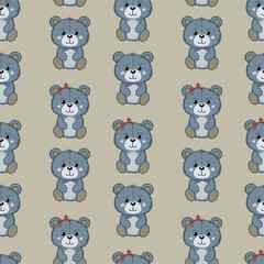 A set of cute funny little baby bear toy seamless pattern. Funny happy teddy bear,girl and boy with bow and bow tie.