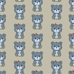 Naklejka premium A set of cute funny little baby bear toy seamless pattern. Funny happy teddy bear,girl and boy with bow and bow tie.