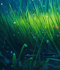 Green Grass near Water Splash: Refreshing Nature Scene - obrazy, fototapety, plakaty