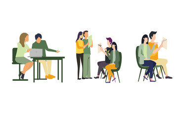 managers discussion poses set, read business achievements, meeting from home, online discussion, hold the time, deadline start up project, reading the business result, teamwork concept.