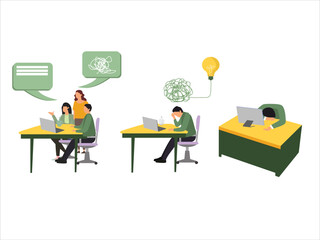 vector illustration of effective communication concept set, business problem solving, effective teamwork, discussion on the table, work hard, project deadline, business initiative