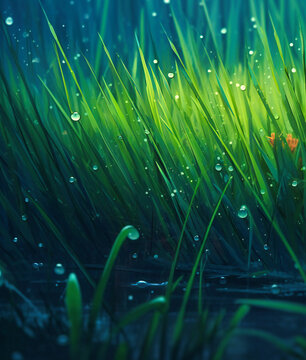 Green Grass near Water Splash: Refreshing Nature Scene