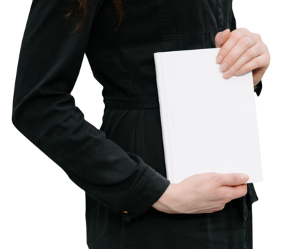 White book cover in woman's hands. Book cover for mock up