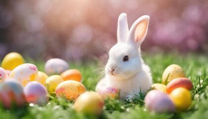 Fototapeta na wymiar Cute easter bunny with easter eggs in spring grass with copy space