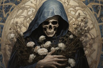 human skull death with roses halloween design illustration