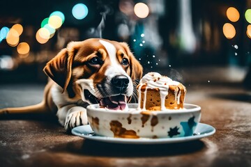 dog with a cake - obrazy, fototapety, plakaty