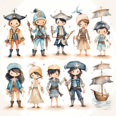 Collection of hand drawn pirates, watercolor painted.