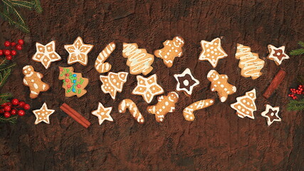 Christmas New Year food, traditional holiday gingerbread, muffins and tangerines with fir branches, pine cones and decorations, dish design and food preparation idea, 2024 background,