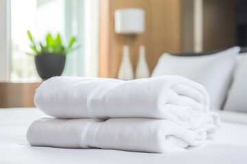 Fototapeta na wymiar White towels on bed at hotel