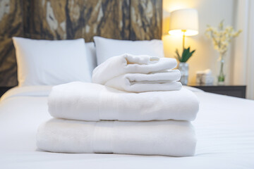 Obraz na płótnie Canvas White towels on bed at hotel