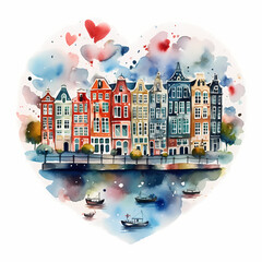 Amsterdam city in heart. Watercolor illustration. - obrazy, fototapety, plakaty