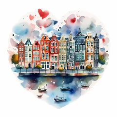 Fotobehang Amsterdam city in heart. Watercolor illustration. © 3dillustrations