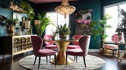 Fototapeta na wymiar Interior design inspiration of Eclectic Glam style home dining room loveliness decorated with Velvet and Brass material and Statement Art .Generative AI home interior design .