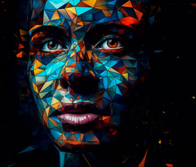 triangular artwork depicting a male face, in the style of realistic color schemes, glowing 3d objects, harsh palette knife work, male neo-cubism