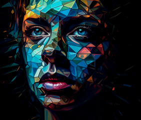triangular artwork depicting a male face, in the style of realistic color schemes, glowing 3d objects, harsh palette knife work, male neo-cubism