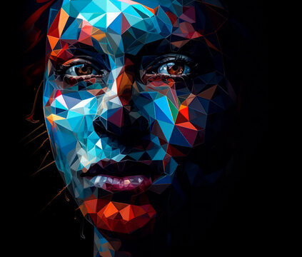 triangular artwork depicting a male face, in the style of realistic color schemes, glowing 3d objects, harsh palette knife work, male neo-cubism