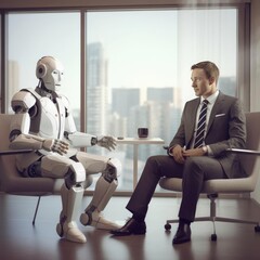 A man in a suit and a robot at a job interview