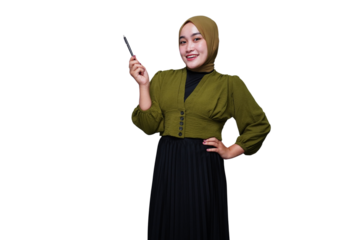 Smiling confident asian hijab woman holding pen
