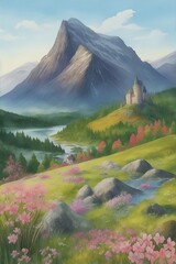 Beautiful highland landscape. Spring meadow. AI generated illustration