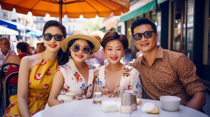 Family Enjoys Café Moments on Avenue des Champs-Élysées in Stylish Vacation Garb