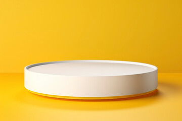 Empty pedestal display on yellow minimal background. Blank podium for showing product