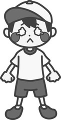 体操服を着た泣きそうな男の子のモノクロイラスト