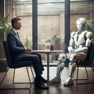 A man in a suit and a robot at a job interview
