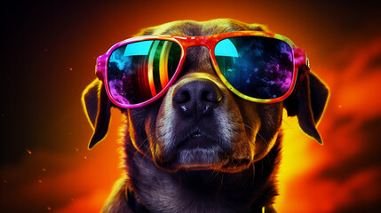 Soleil canin sous l'arc-en-ciel : Un chien cool aux lunettes stylées - obrazy, fototapety, plakaty