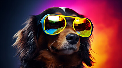Soleil canin sous l'arc-en-ciel : Un chien cool aux lunettes stylées - obrazy, fototapety, plakaty
