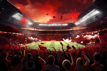 A Stadium filled with fans. red and black jersey. Stands are filled with cheering fans. Banners.