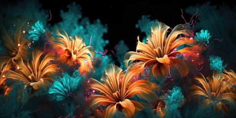Obraz na płótnie Canvas Beautiful abstract coral, turquoise, and yellow night photo floral design background banner. beautiful Generative AI AIG32