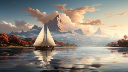 A sailboat sailing on a lake with mountains in the background and clouds in the sky over water and hills in the distance. 