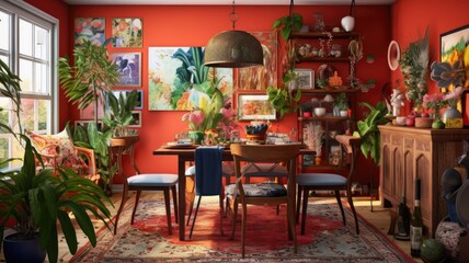 Interior design inspiration of Bohemian Eclectic style home dining room loveliness decorated with Fabric and Wood material and Gallery wall .Generative AI home interior design .