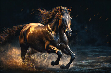 Brown Horse Galloping over Flowing Water: Majestic Equine Motion