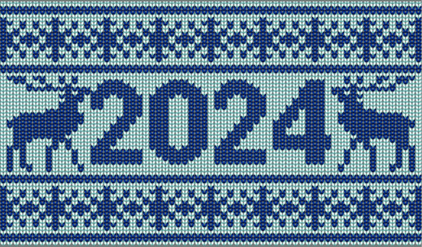 Knitted new 2024 year pattern with xmas deers, vector illustration