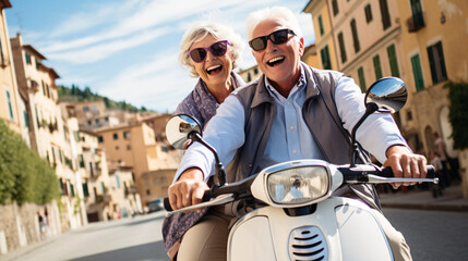 Retired couple on scooter in Italy, Europe, happy seniors on holidays - obrazy, fototapety, plakaty
